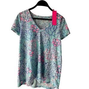 Lilly Pulitzer Etta V-Neck T-Shirt Top XS Blue Ibiza Now You Sea Me NWT $48